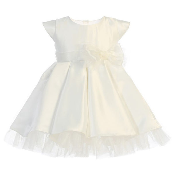 Sweet Kids Baby Girls Off-White Full Pleated Satin Bow Flower Girl Dress 6-24M - SophiasStyle.com
